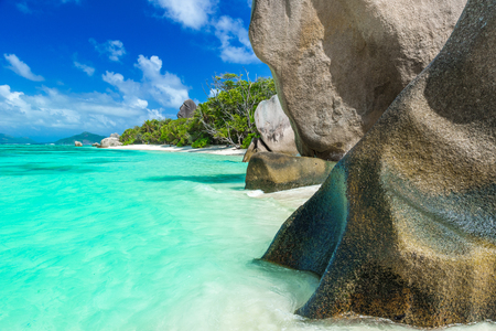 Anse Source d'Argent - Beautiful beach on tropical island La Digue in Seychellesの写真素材
