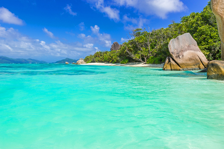 Anse Source d'Argent - Beautiful beach on tropical island La Digue in Seychellesの写真素材