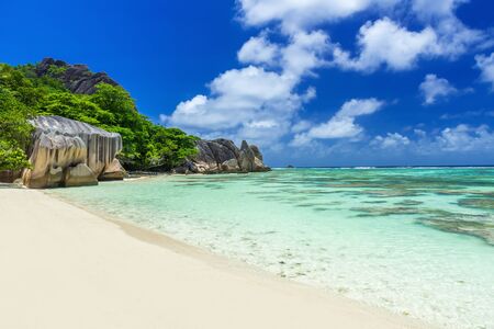 Anse Source d'Argent - Beautiful beach on tropical island La Digue in Seychellesの写真素材