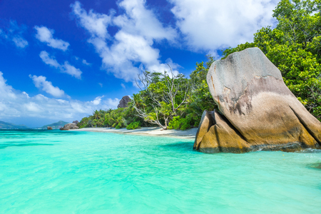 Anse Source d'Argent - Beautiful beach on tropical island La Digue in Seychellesの写真素材