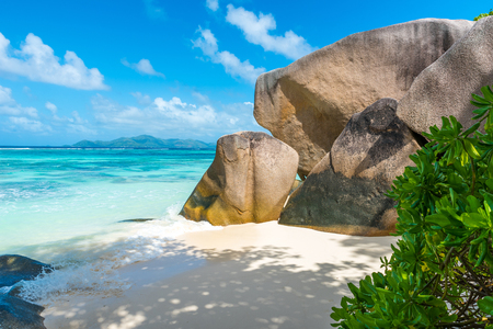 Anse Source d'Argent - Beautiful beach on tropical island La Digue in Seychellesの写真素材