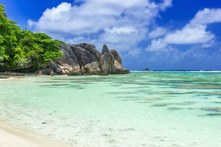 Anse Source d'Argent - Beautiful beach on tropical island La Digue in Seychellesの写真素材