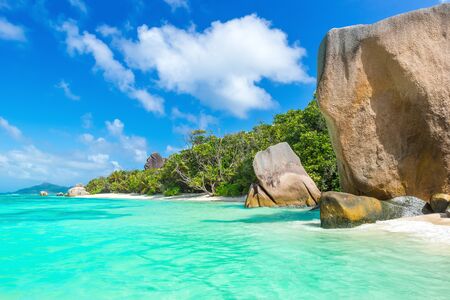Anse Source d'Argent - Beautiful beach on tropical island La Digue in Seychellesの写真素材