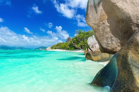 Anse Source d'Argent - Beautiful beach on tropical island La Digue in Seychellesの写真素材