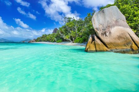 Anse Source d'Argent - Beautiful beach on tropical island La Digue in Seychellesの写真素材