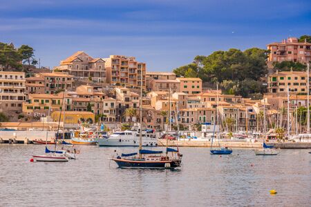 Puerto de Soller, Port of Mallorca island in balearic islands, Spain. Beautiful  beach and bay with boats in clear blue water of summer day.のeditorial素材