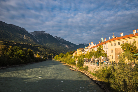 Multicolored houses at shore of river Inn at Innsbruck, Austriaのeditorial素材