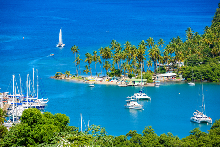 Marigot Bay, Saint Lucia, Caribbean. Tropical bay and beach in exotic and paradise landscape scenery. Marigot Bay is located on the west coast of the Caribbean island of St Lucia.のeditorial素材