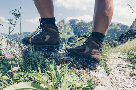 Climbing in the mountains with mountain bootsのeditorial素材