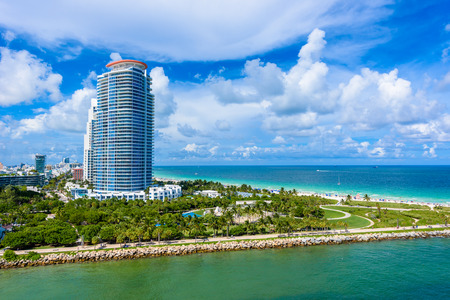 South Pointe Park and Pier at South Beach, Miami Beach. Aerial view. Paradise and tropical coast of Florida, USA.のeditorial素材