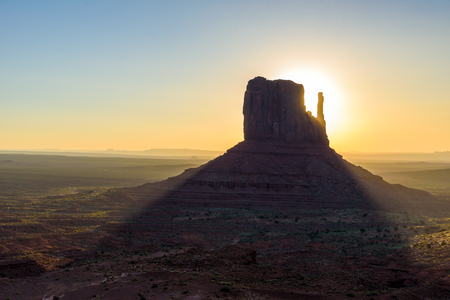 Sunrise at Monument Valley, Panorama of the Mitten Buttes - seen from the visitor center at the Navajo Tribal Park - Arizona and Utah, USAの写真素材