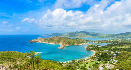 View of English Harbor from Shirley Heights, Antigua, paradise bay at tropical island in the Caribbean Seaの写真素材
