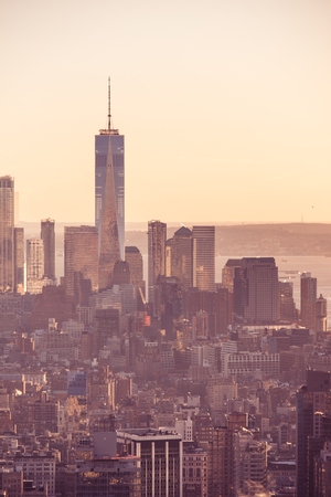 New York City - USA. View to Lower Manhattan downtown skyline with famous Empire State Building and skyscrapers at sunset.のeditorial素材