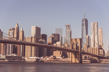 Lower Manhattan Downtown skyline panorama from Brooklyn Bridge Park riverbank, New York City, USAのeditorial素材