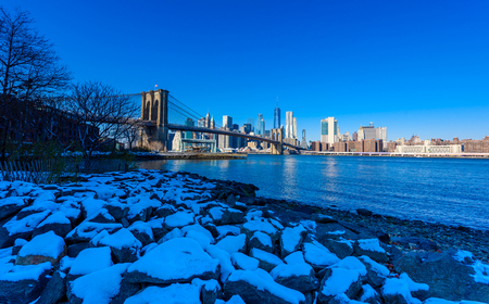 Lower Manhattan Downtown skyline panorama from Brooklyn Bridge Park riverbank, New York City, USAの写真素材