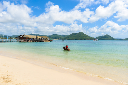 Pigeon Island Beach - tropical coast on the Caribbean island of St. Lucia. It is a paradise destination with a white sand beach and turquoiuse sea.のeditorial素材