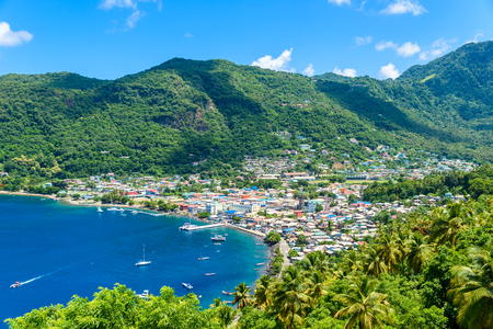 Soufriere Village - tropical coast on the Caribbean island of St. Lucia. It is a paradise destination with a white sand beach and turquoiuse sea.の写真素材