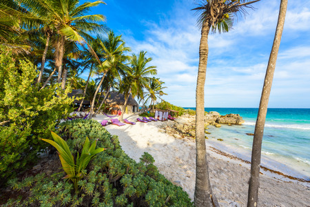 Recreation at paradise beach resort with turquoise waters of Caribbean Sea at Tulum, close to Cancun, Riviera Maya, tropical destination for vacation, Mexicoのeditorial素材