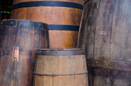 Wine tasting in winery - Wooden barrels and bottles of aged excelent wine