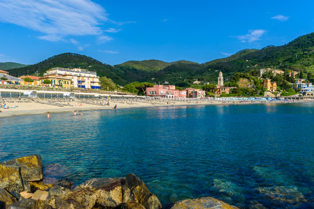 Levanto - town in Liguria, close to Cinque Terre in Italy. Scenic Mediterranean riviera coast. Historical Old Town with colorful houses and sand beach at beautiful coast of Italy.の写真素材