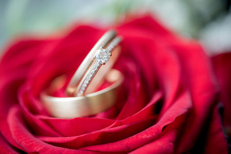 Wedding decoration and flowers with wedding ringsの写真素材