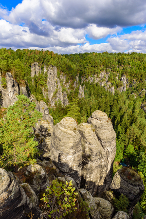 Panorama view on the beautiful rock formation of Bastei in Saxon Switzerland National Park, near Dresden and Rathen - Germany. Popular travel destination in Saxony.の写真素材