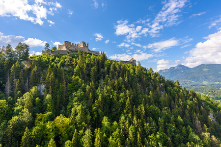 Suspension Bridge at Reutte between two hills in beautiful landscape Scenery of Alps, Tirol, Austriaの写真素材