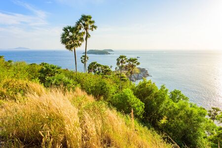 Phromthep cape viewpoint at sunset in Phuket, beautiful coast scenery on tropical island with paradise beaches, Thailandの写真素材