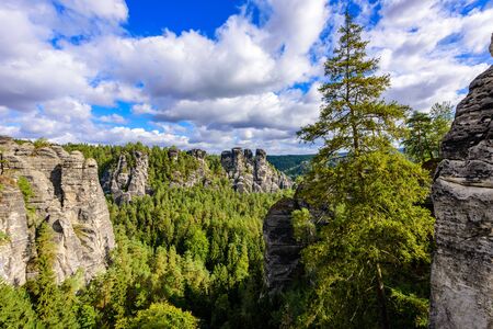 Bastei - View of beautiful rock formation in Saxon Switzerland National Park from the Bastei bridge - Elbe Sandstone Mountains near Dresden and Rathen - Germany. Popular travel destination in Saxony.の写真素材