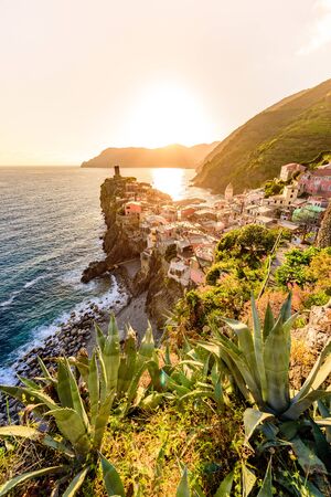 Vernazza - Village of Cinque Terre National Park at Coast of Italy. Beautiful colors at sunset. Province of La Spezia, Liguria, in the north of Italy - Travel destination and attraction in Europe.の写真素材