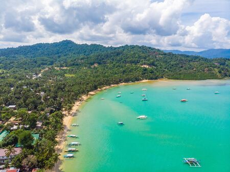 Aerial view of Port Barton Beach on paradise island, tropical travel destination - Port Barton, San Vicente, Palawan, Philippines.の写真素材