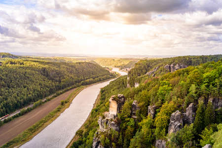 View from the bastei viewpoint of the Elbe river - beautiful landscape scenery of Sandstone mountains in Saxon Switzerland National Park, Germanyの写真素材
