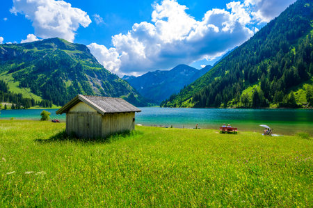 Vilsalpsee (Vilsalp Lake) at Tannheimer Tal, beautiful mountain scenery in Alps at Tannheim, Reutte,...