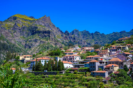 View of Curral das Freiras village in the Nuns Valley in beautiful mountain scenery, municipality of...