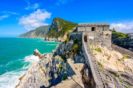 View from Grotta di Lord Byron to beautiful coast scenery - travel destination of Porto Venere, Province of La Spezia - Italyのeditorial素材