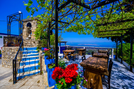 Zia - beautiful mountain village with amazing view to coastal scenery of paradise island Kos, Greeceの写真素材
