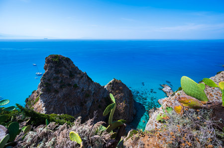 View of paradise Grotticelle Beach from Capo Vaticano Viewpoint - Beautiful landscape scenery near by Tropea, Calabria - Italyの写真素材