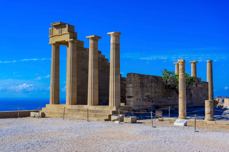 Akropolis at Lindos in paradise landscape scenery - travel destination on beautiful island Rhodes, Greeceの写真素材