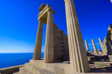 Acropolis at Lindos in paradise landscape scenery - travel destination on beautiful island Rhodes, Greeceの写真素材