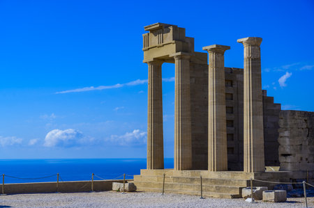 Acropolis at Lindos in paradise landscape scenery - travel destination on beautiful island Rhodes, Greeceの写真素材