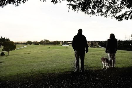 The New Forest, Hampshire - November 2009 - Two People Walking Their Dog Look Out Over a Fieldのeditorial素材