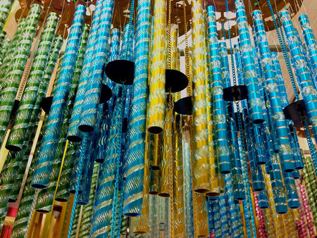 Colorful wind chimes hanging in a shop