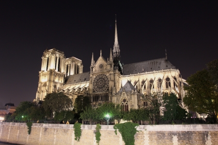 Notre-Dame Cathedral at Night in Paris, Franceの写真素材