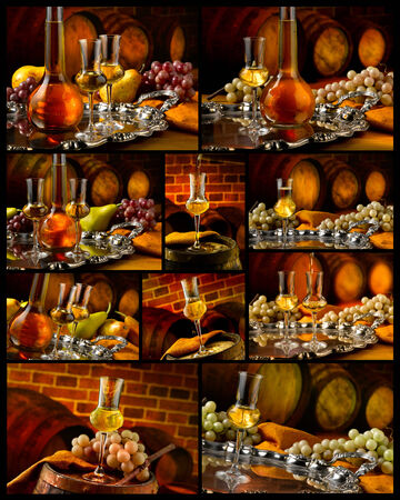 Glass of grappa tasting in the cellarの写真素材