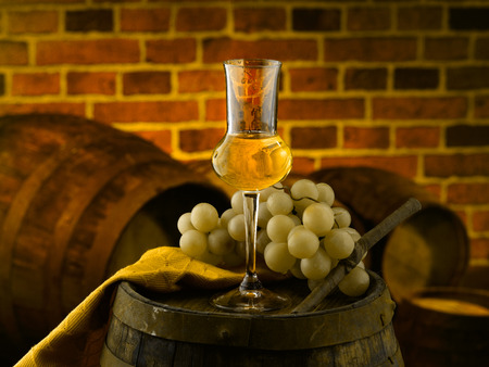 Glass of grappa tasting in the cellarの写真素材