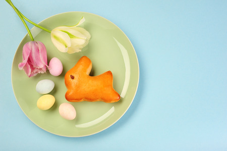 Easter bunny, Easter eggs and tulipsの写真素材