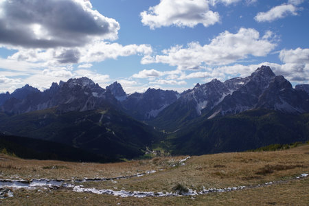 Mountain landscape in the Italian Dolomites, near the village of Sestoの写真素材