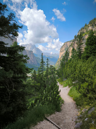 Hiking trail in the Dolomites mountains. Italy, Europeの写真素材