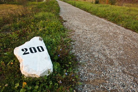 Mile stone in the grass near the road, with print number two hundred signの写真素材