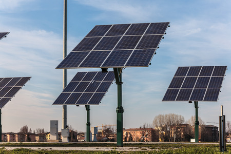 solar panel in the middle of land on sky and building backgroundの写真素材